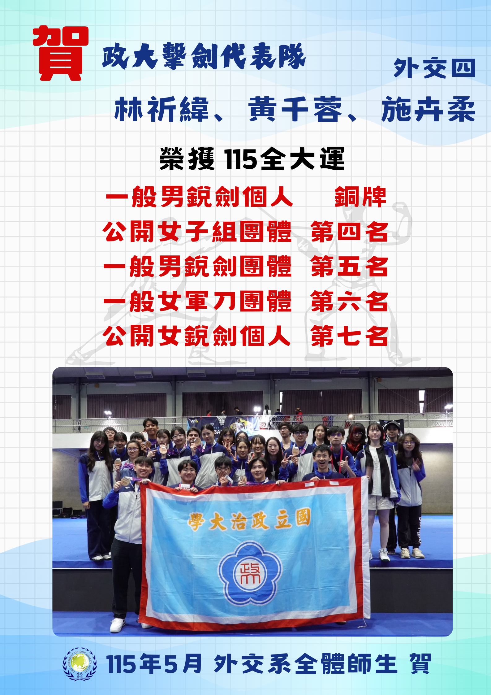 賀 115全大運 外交系同學參加政大擊劍運動代表隊 獲獎